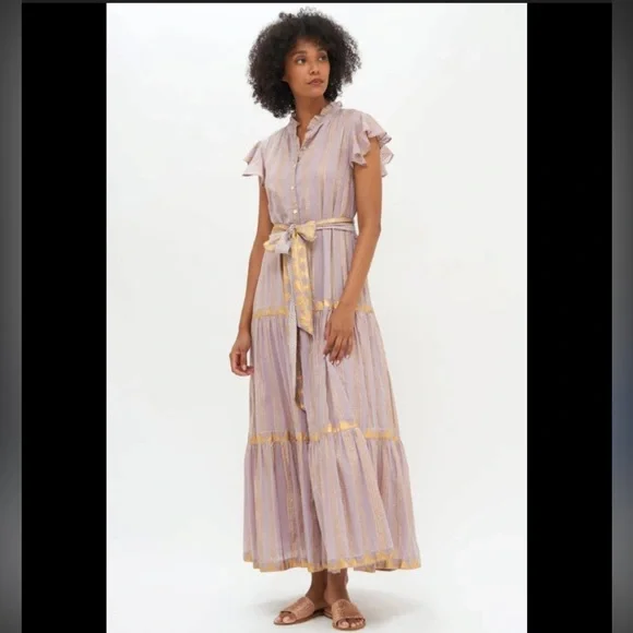 OLIPHANT RUFFLE COLLAR BUTTON MAXI - PIXIE GREY/Hand painted gold- Sz. L - NWT - Picture 4 of 14